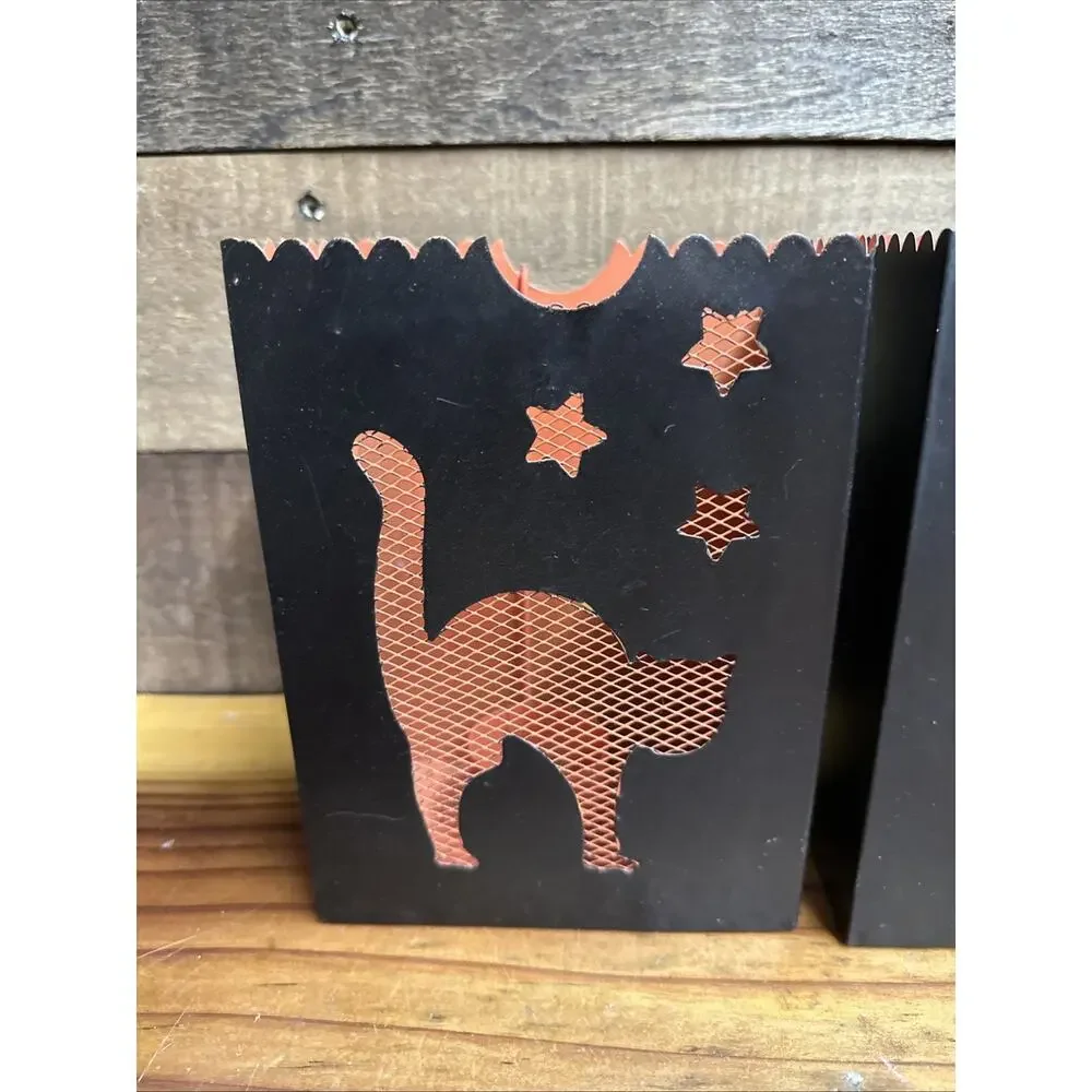 Dept 56 Halloween Metal Luminary Candle Holders Cat/Jack O Lantern Set Of 2